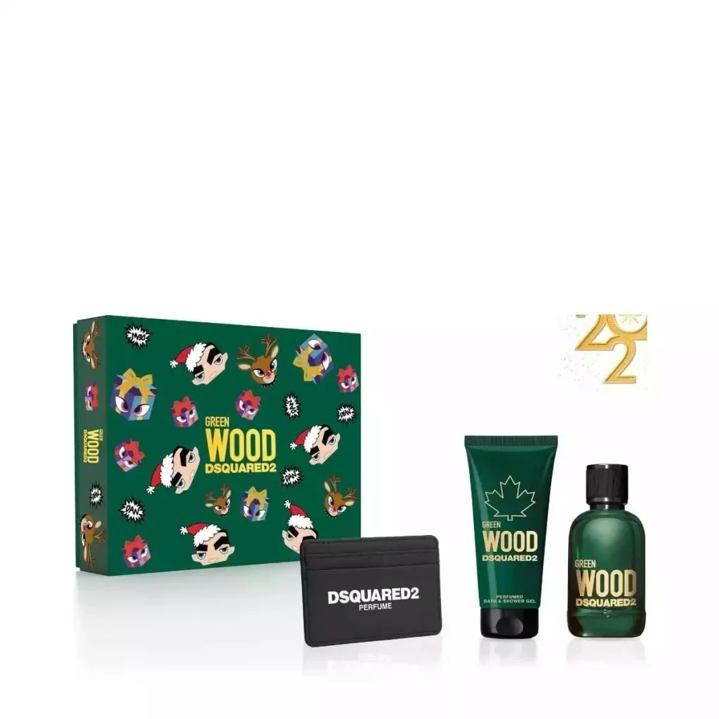 luxe gift sets for him - Dsquared2 Green Wood Gift Set (EDT 100 ML + Perfumed Bath & Shower Gel 100 ML + Black Card Holder) - Parcos Luxezine